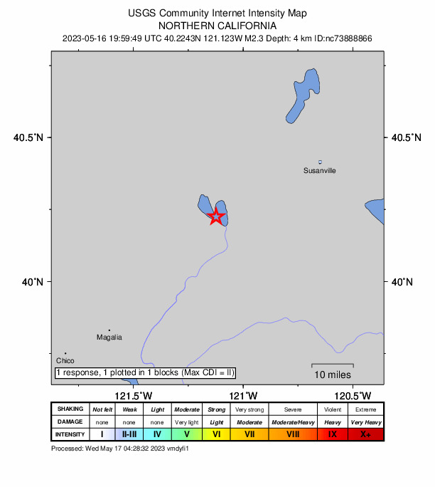USGS DYFI community-reported intensity map for the M2.3 earthquake near 3km ENE of Prattville, CA