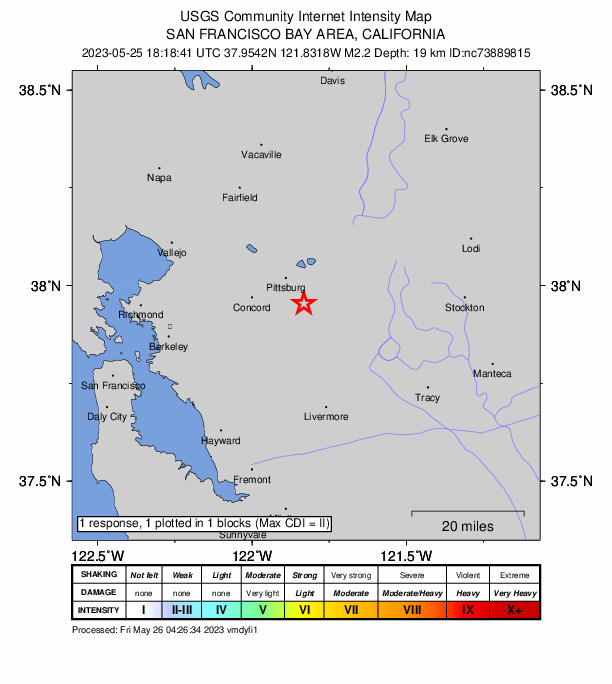 USGS DYFI community-reported intensity map for the M2.2 earthquake near 6km SSW of Antioch, CA