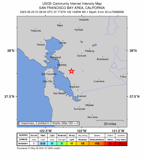USGS DYFI community-reported intensity map for the M2.1 earthquake near 6km NNE of San Leandro, CA
