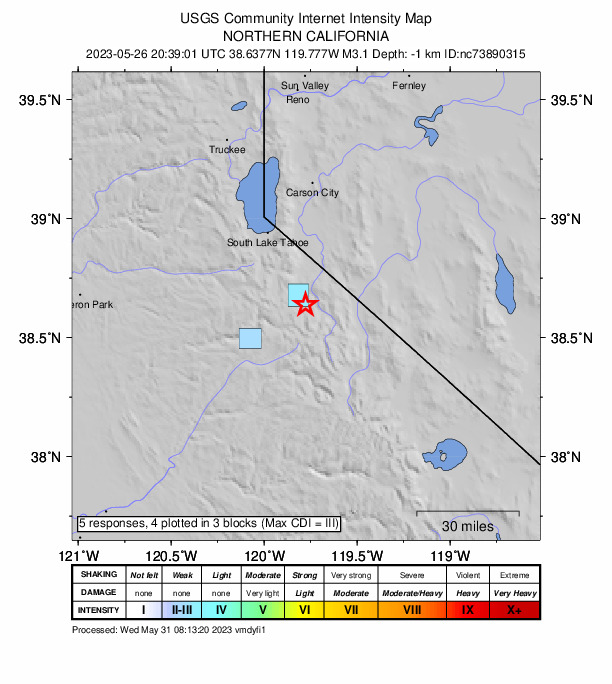 USGS DYFI community-reported intensity map for the M3.1 earthquake near 6km SSE of Markleeville, CA