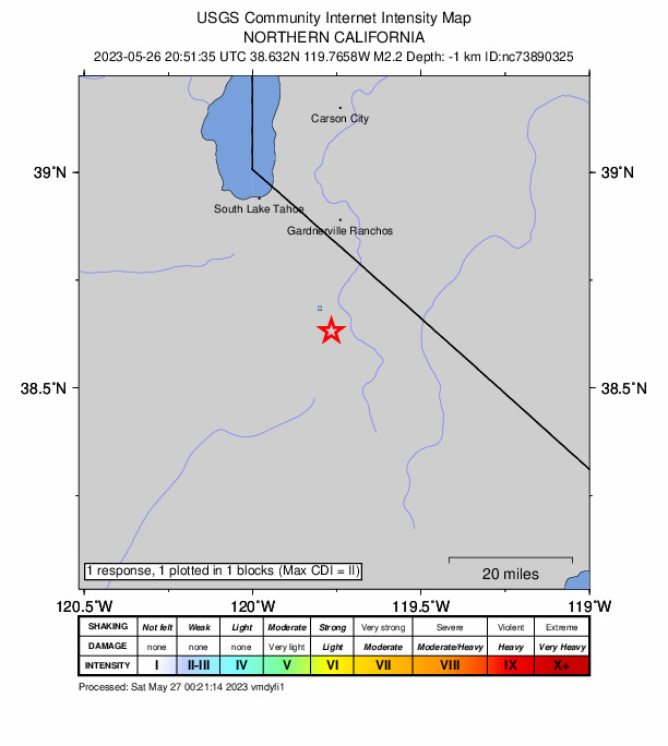 USGS DYFI community-reported intensity map for the M2.2 earthquake near 7km SSE of Markleeville, CA