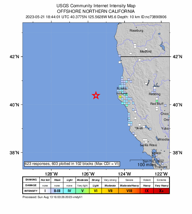 USGS DYFI community-reported intensity map for the M5.6 earthquake near 108km W of Petrolia, CA