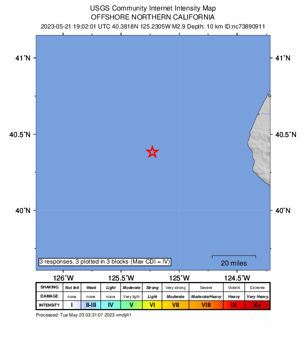 USGS DYFI community-reported intensity map for the M2.9 earthquake near 80km W of Petrolia, CA