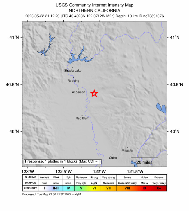 USGS DYFI community-reported intensity map for the M2.9 earthquake near 18km W of Manton, CA