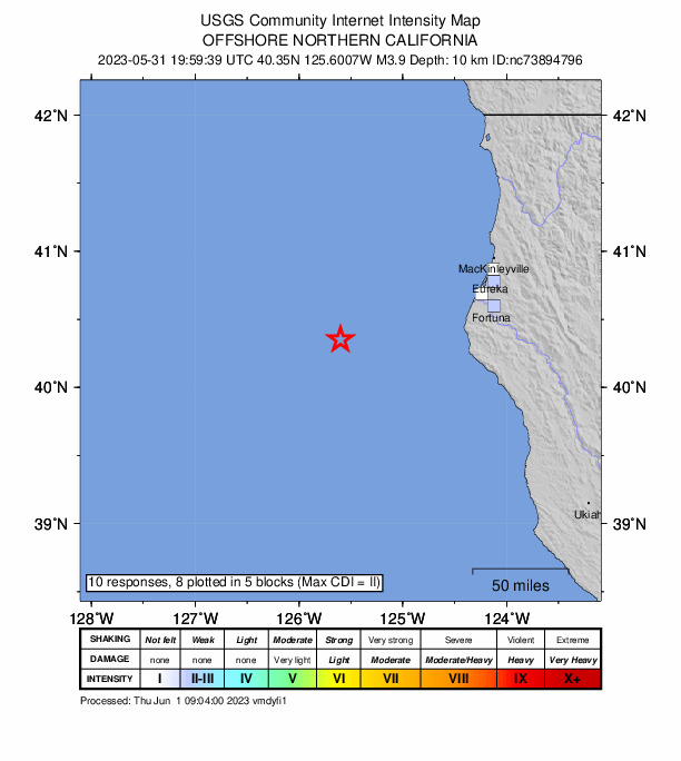 USGS DYFI community-reported intensity map for the M3.9 earthquake near 112km W of Petrolia, CA
