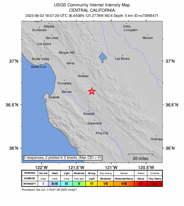 USGS DYFI community-reported intensity map for the M2.6 earthquake near 16km SSE of Tres Pinos, CA
