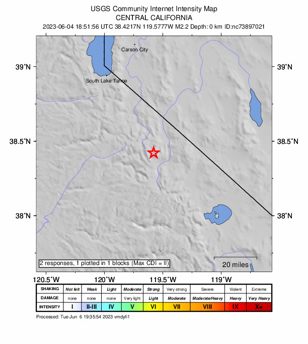 USGS DYFI community-reported intensity map for the M2.3 earthquake near 13km SW of Walker, CA