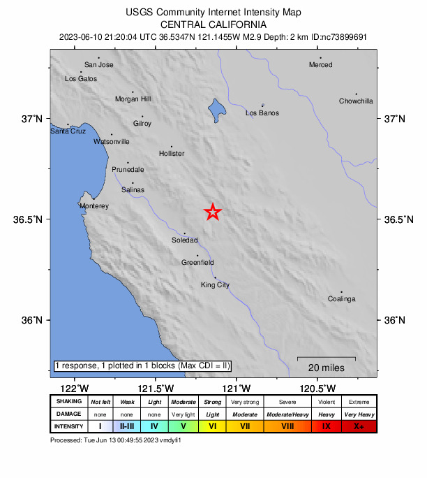 USGS DYFI community-reported intensity map for the M2.9 earthquake near 0km NNW of Pinnacles, CA