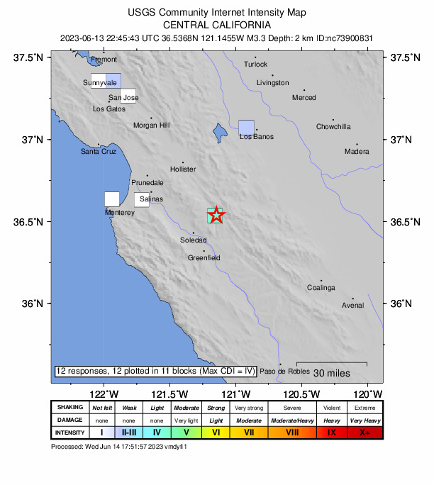 USGS DYFI community-reported intensity map for the M3.3 earthquake near 1km NNW of Pinnacles, CA