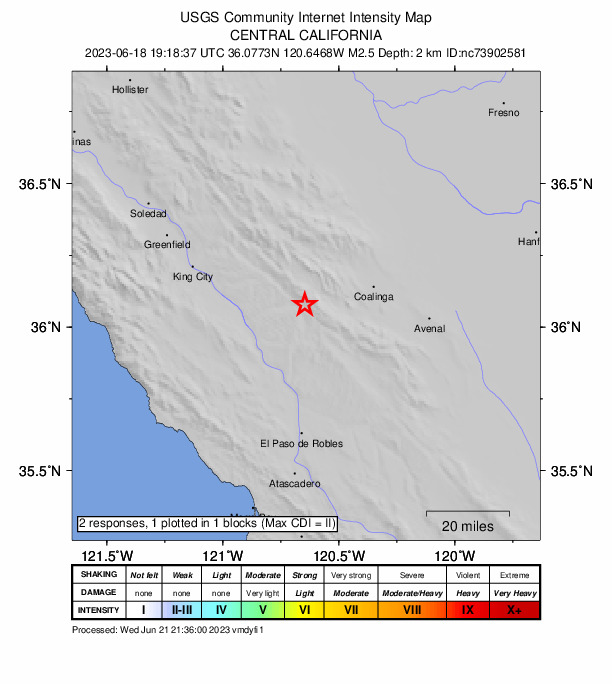 USGS DYFI community-reported intensity map for the M2.5 earthquake near 24km ENE of San Ardo, CA