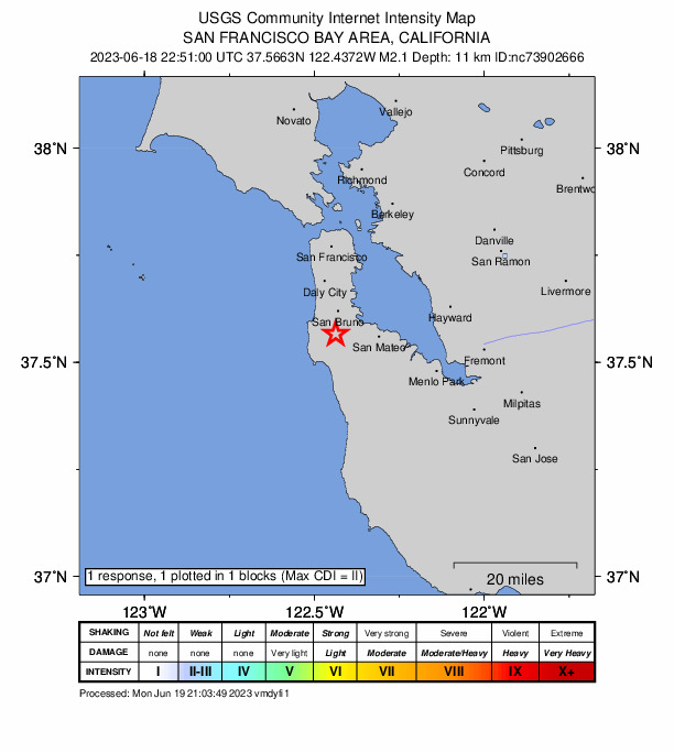 USGS DYFI community-reported intensity map for the M2.1 earthquake near 5km W of Hillsborough, CA