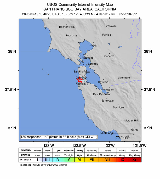 USGS DYFI community-reported intensity map for the M2.4 earthquake near 1km N of Pacifica, CA