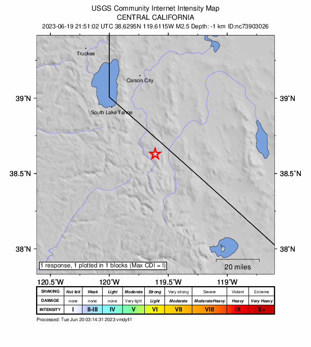 USGS DYFI community-reported intensity map for the M2.5 earthquake near 17km NW of Walker, CA