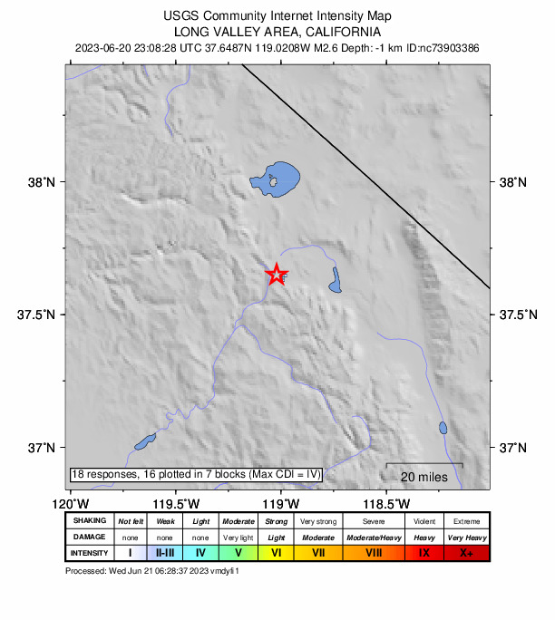 USGS DYFI community-reported intensity map for the M2.6 earthquake near 4km WNW of Mammoth Lakes, CA
