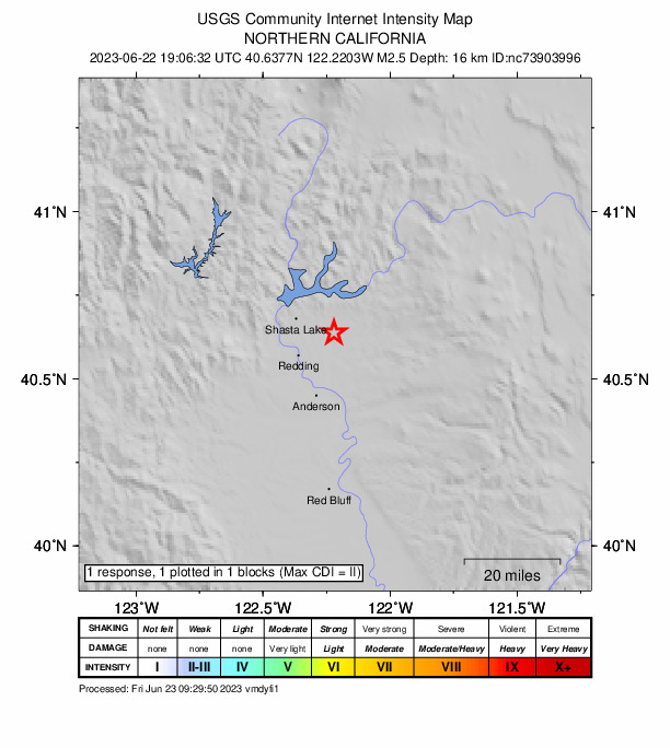USGS DYFI community-reported intensity map for the M2.5 earthquake near 1km ESE of Bella Vista, CA