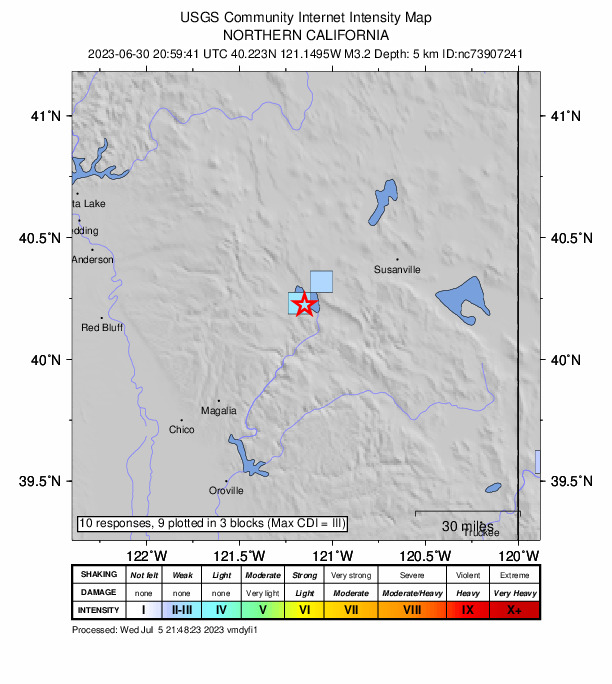 USGS DYFI community-reported intensity map for the M3.2 earthquake near 2km NNE of Prattville, CA