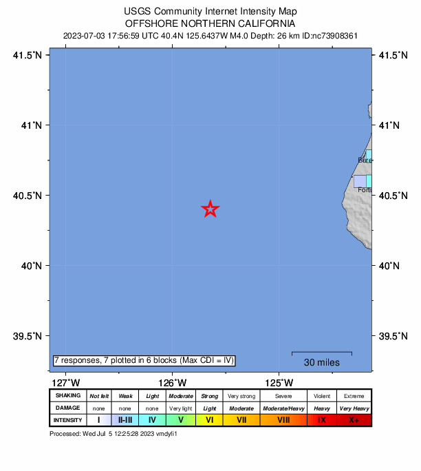 USGS DYFI community-reported intensity map for the M4.0 earthquake near 115km W of Petrolia, CA