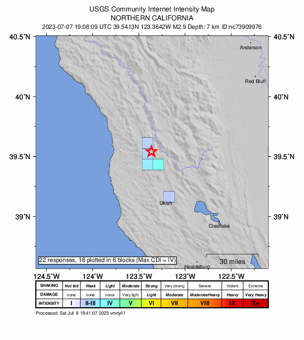 USGS DYFI community-reported intensity map for the M2.9 earthquake near 11km N of Brooktrails, CA