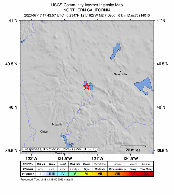 USGS DYFI community-reported intensity map for the M2.7 earthquake near 2 km NNE of Almanor, CA