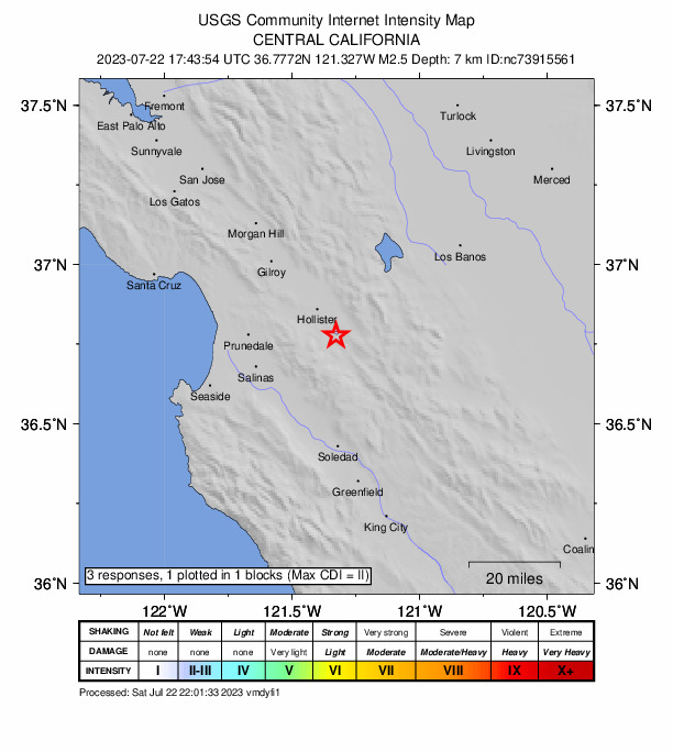 USGS DYFI community-reported intensity map for the M2.5 earthquake near 2 km SSW of Tres Pinos, CA