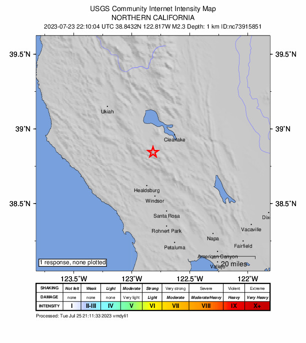 USGS DYFI community-reported intensity map for the M2.3 earthquake near 8 km WNW of Cobb, CA