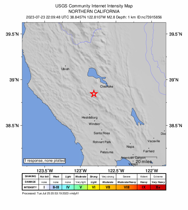 USGS DYFI community-reported intensity map for the M2.8 earthquake near 8 km WNW of Cobb, CA