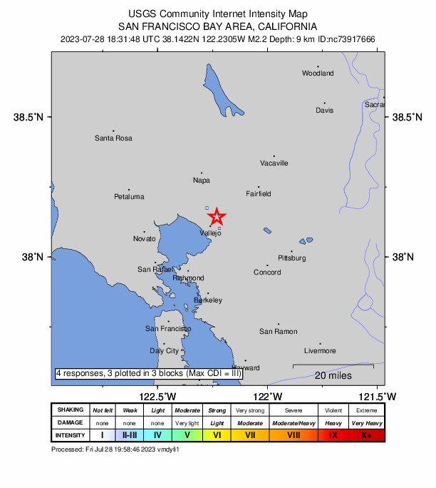 USGS DYFI community-reported intensity map for the M2.2 earthquake near 3 km N of Vallejo, CA