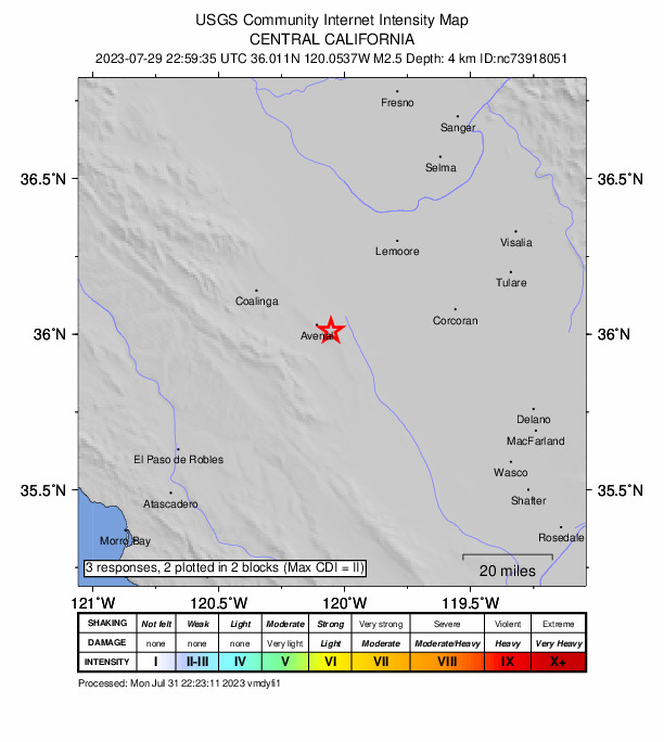 USGS DYFI community-reported intensity map for the M2.5 earthquake near 7 km E of Avenal, CA