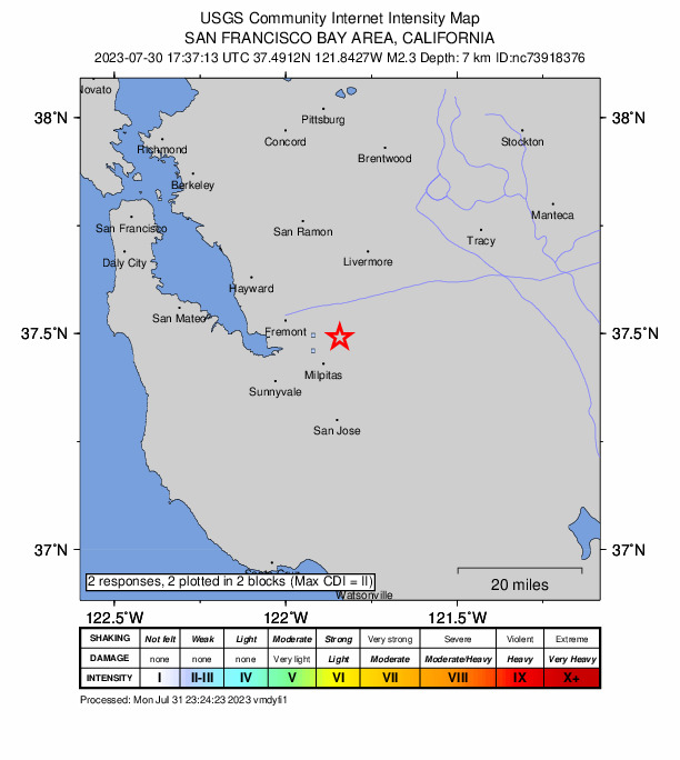 USGS DYFI community-reported intensity map for the M2.3 earthquake near 9 km NE of Milpitas, CA