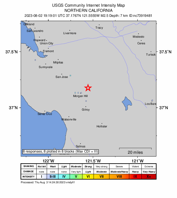 USGS DYFI community-reported intensity map for the M2.5 earthquake near 10 km ENE of Morgan Hill, CA