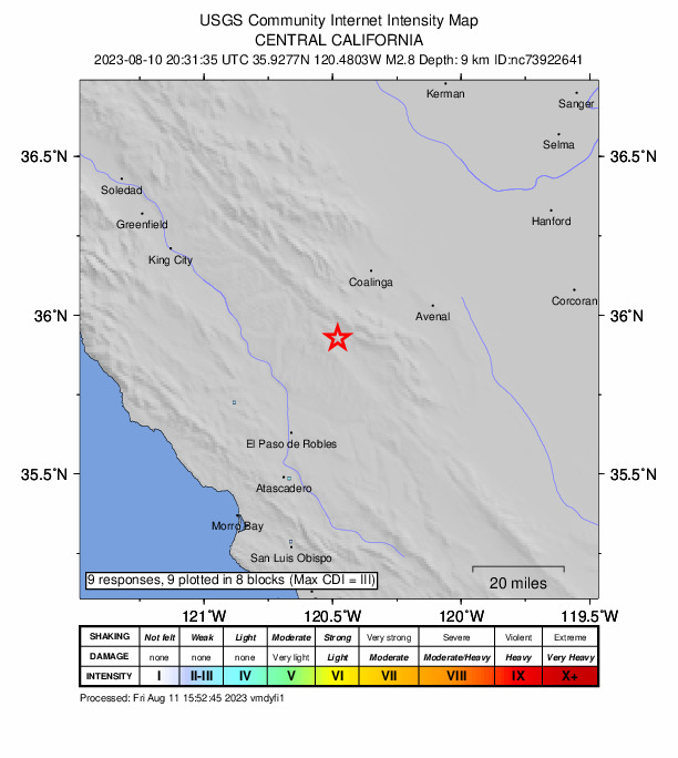 USGS DYFI community-reported intensity map for the M2.8 earthquake near 6 km NW of Parkfield, CA
