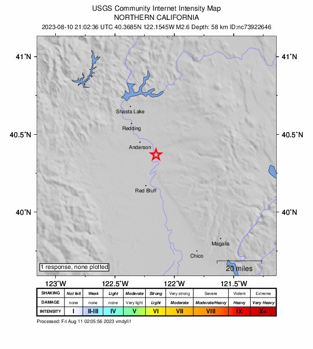 USGS DYFI community-reported intensity map for the M2.6 earthquake near 15 km SE of Anderson, CA