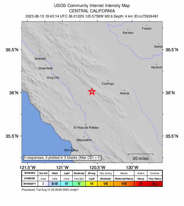 USGS DYFI community-reported intensity map for the M2.6 earthquake near 18 km NW of Parkfield, CA