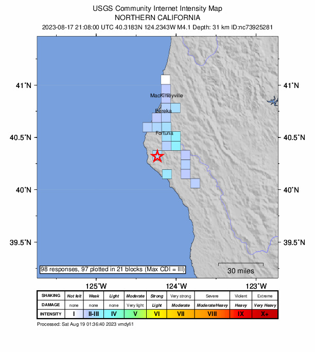 USGS DYFI community-reported intensity map for the M4.1 earthquake near 4 km E of Petrolia, CA