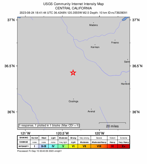 USGS DYFI community-reported intensity map for the M2.5 earthquake near 10 km SSW of Cantua Creek, CA