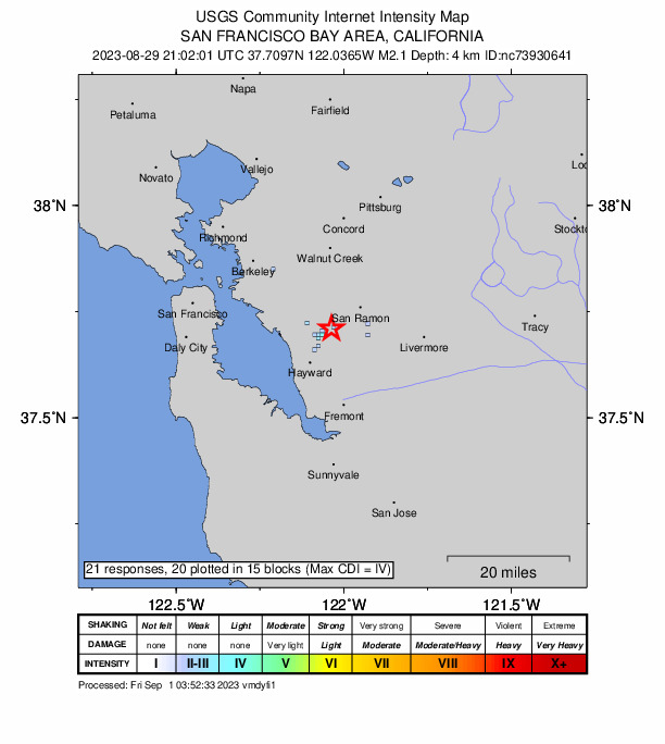USGS DYFI community-reported intensity map for the M2.1 earthquake near 4 km NNE of Fairview, CA