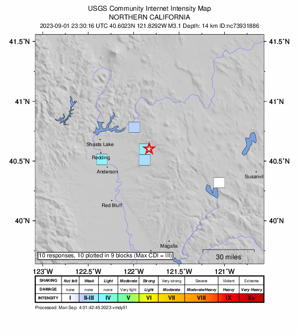 USGS DYFI community-reported intensity map for the M3.1 earthquake near 13 km NNE of Shingletown, CA
