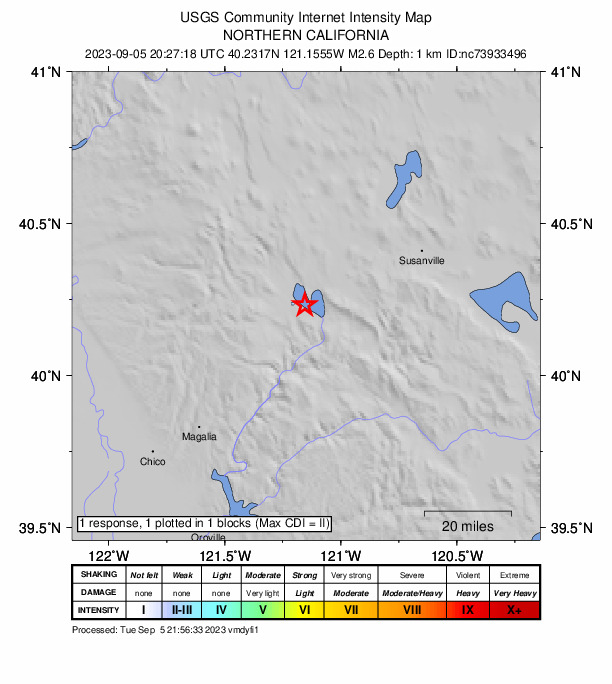USGS DYFI community-reported intensity map for the M2.6 earthquake near 2 km NE of Almanor, CA