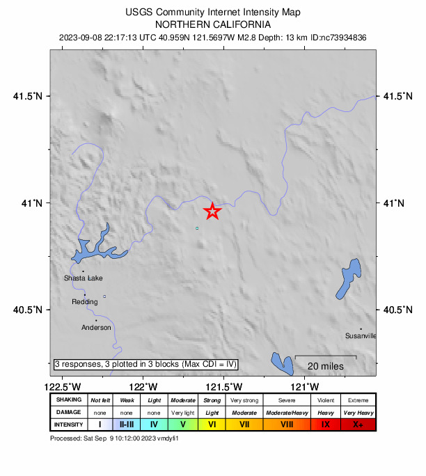 USGS DYFI community-reported intensity map for the M2.8 earthquake near 12 km NE of Burney, CA