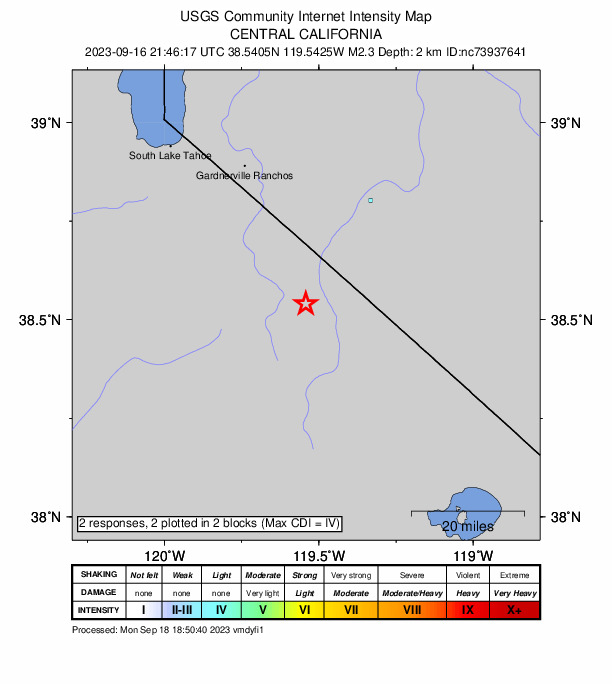 USGS DYFI community-reported intensity map for the M2.3 earthquake near 6 km WNW of Walker, CA