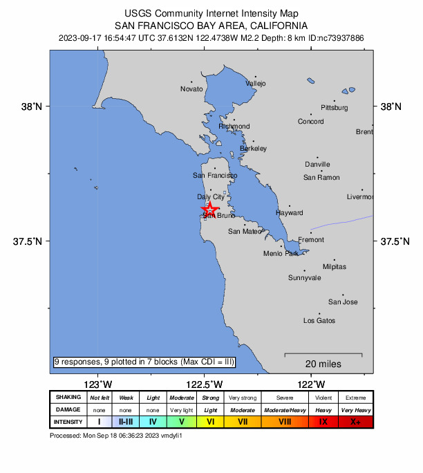 USGS DYFI community-reported intensity map for the M2.3 earthquake near 1 km E of Pacifica, CA