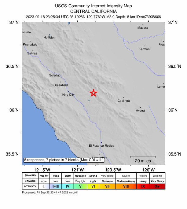 USGS DYFI community-reported intensity map for the M3.0 earthquake near 22 km NNE of San Ardo, CA