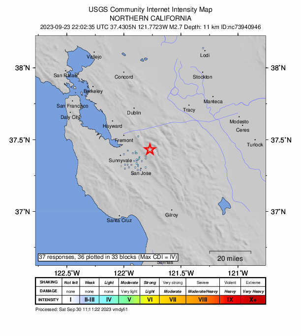 USGS DYFI community-reported intensity map for the M2.7 earthquake near 9 km NE of Alum Rock, CA