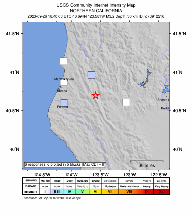 USGS DYFI community-reported intensity map for the M3.2 earthquake near 28 km S of Willow Creek, CA