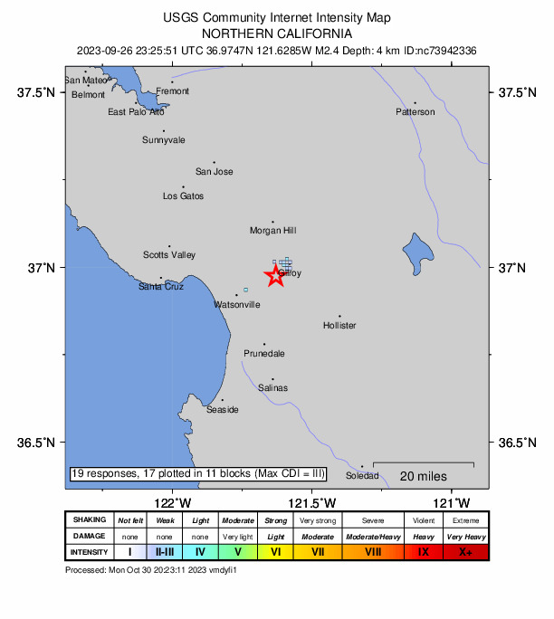 USGS DYFI community-reported intensity map for the M2.4 earthquake near 6 km WSW of Gilroy, CA