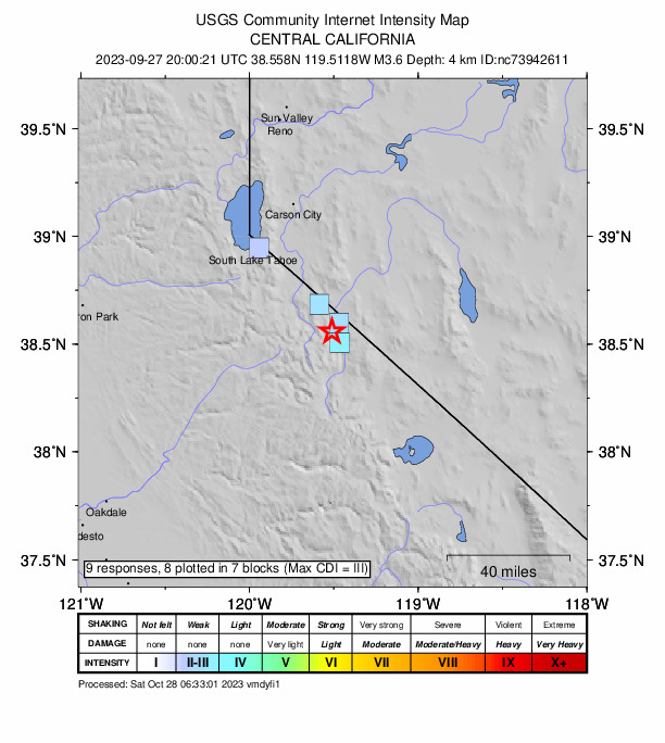 USGS DYFI community-reported intensity map for the M3.6 earthquake near 6 km NNW of Walker, CA