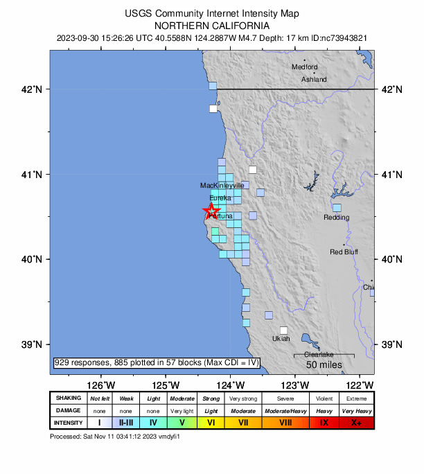 USGS DYFI community-reported intensity map for the M4.7 earthquake near 3 km SW of Ferndale, CA