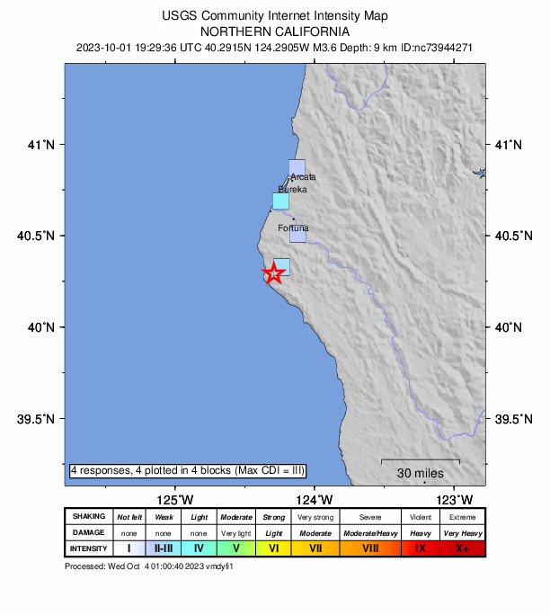 USGS DYFI community-reported intensity map for the M3.6 earthquake near 4 km S of Petrolia, CA