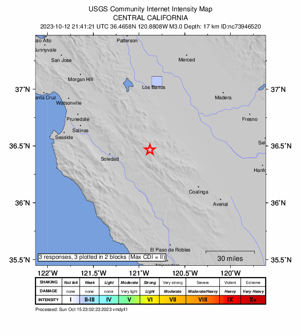 USGS DYFI community-reported intensity map for the M3.0 earthquake near 19 km WNW of New Idria, CA