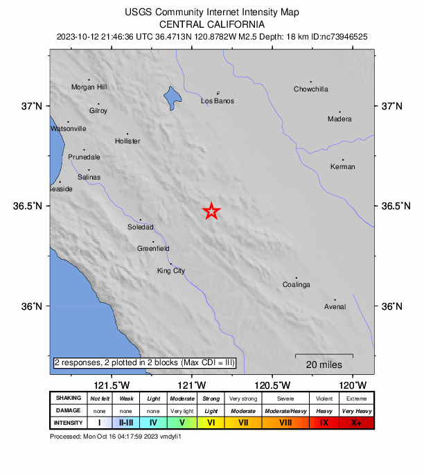 USGS DYFI community-reported intensity map for the M2.5 earthquake near 19 km WNW of New Idria, CA
